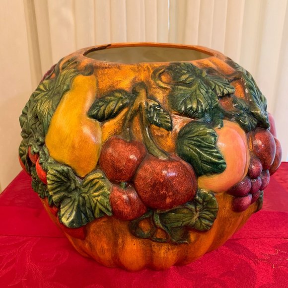 Handmade Ceramic Center Piece Fall Pumpkin with Fruit - Picture 1 of 6